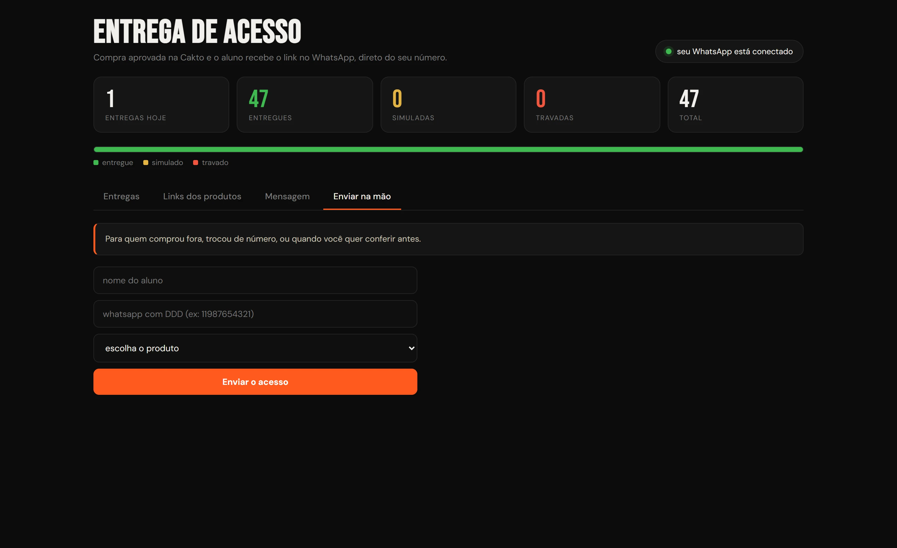 Aba de envio manual do acesso