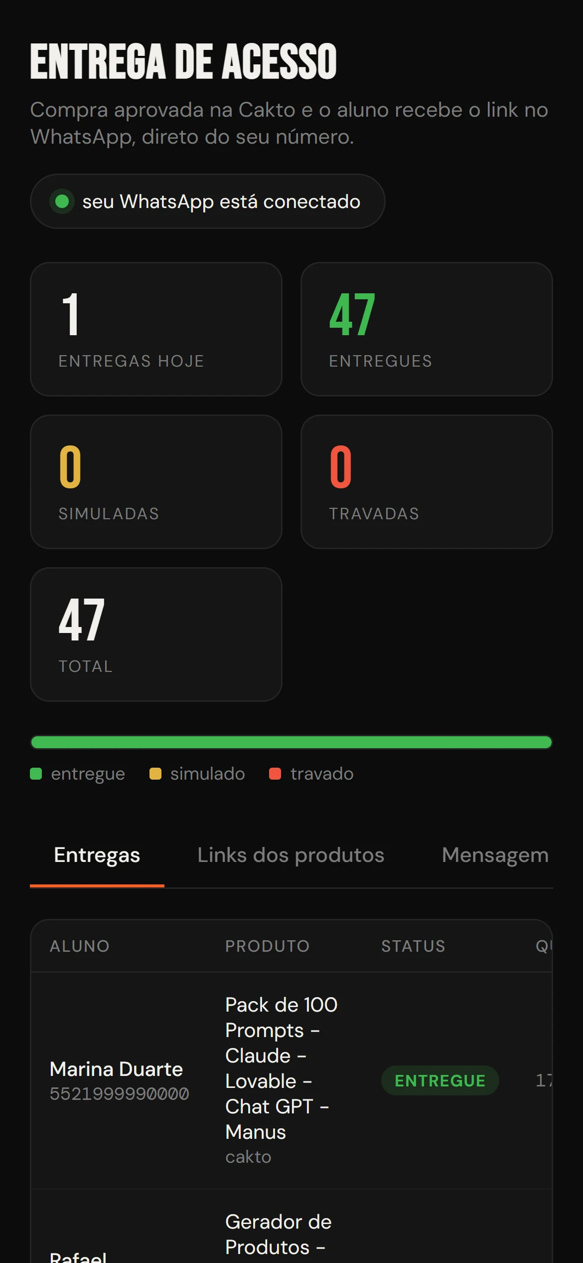 O painel de entregas no celular